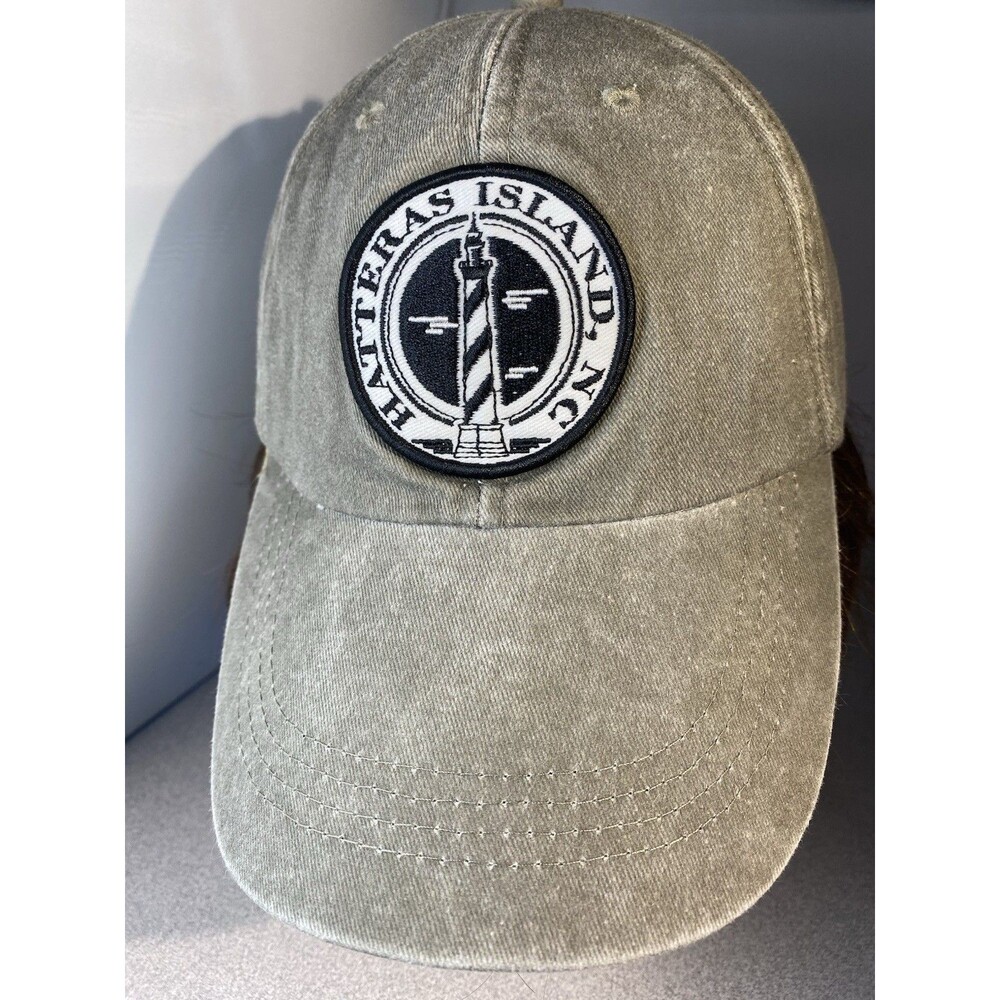 Hatteras Island North Carolina Gray Hat Cap Black White Lighthouse Patch